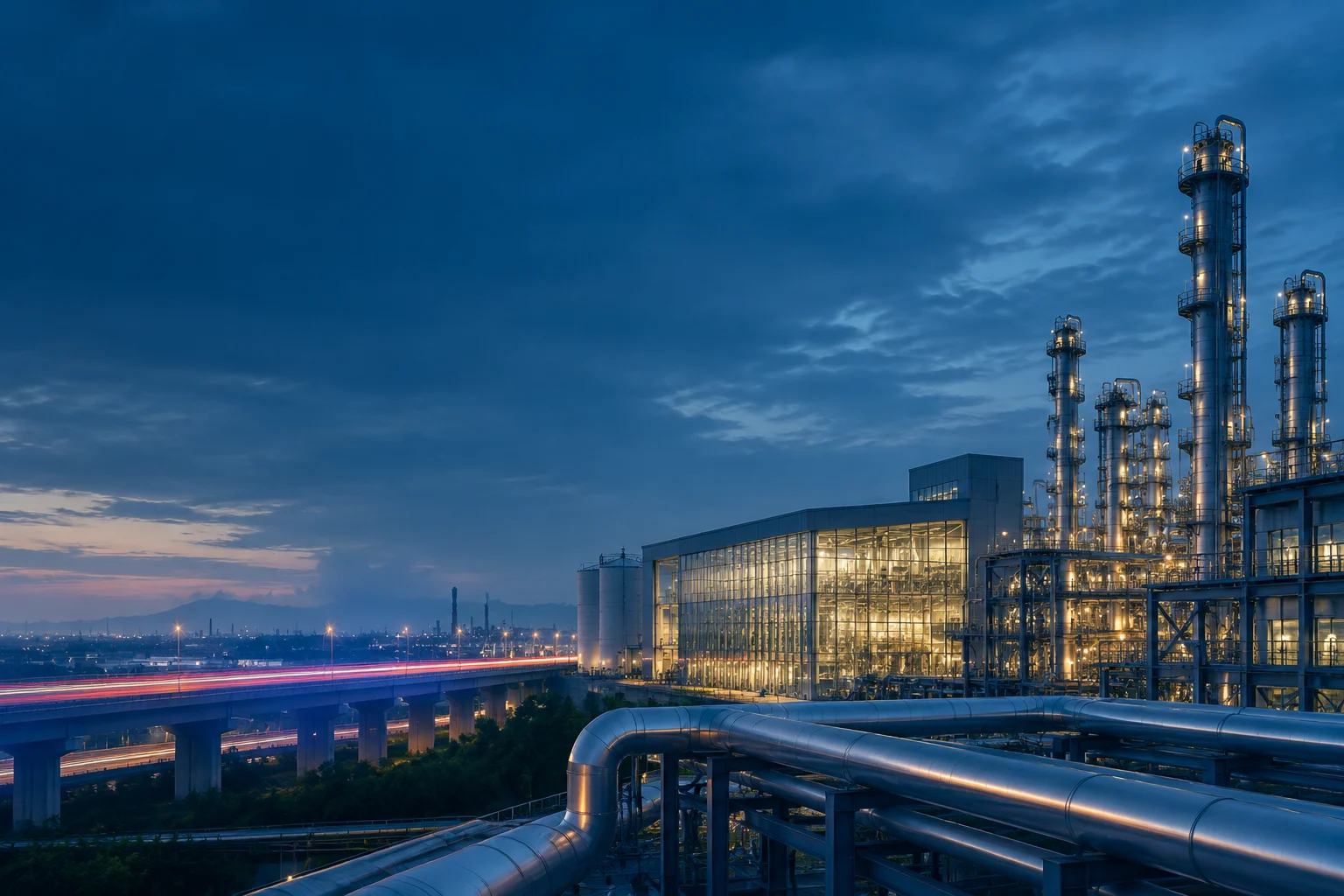 Chemical plant and production hall at blue hour
