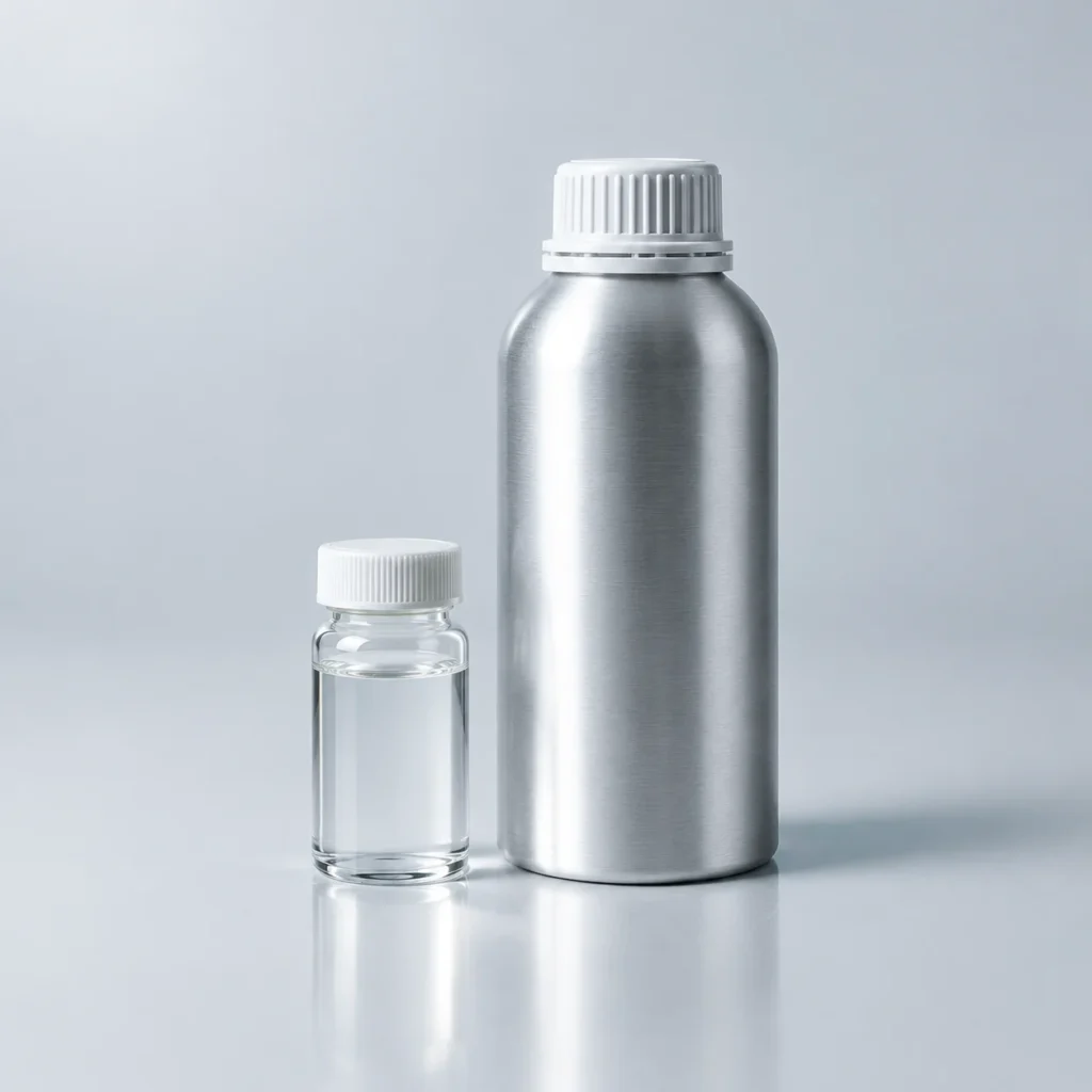 Polysilazane resin sample in a glass vial beside an aluminium bottle