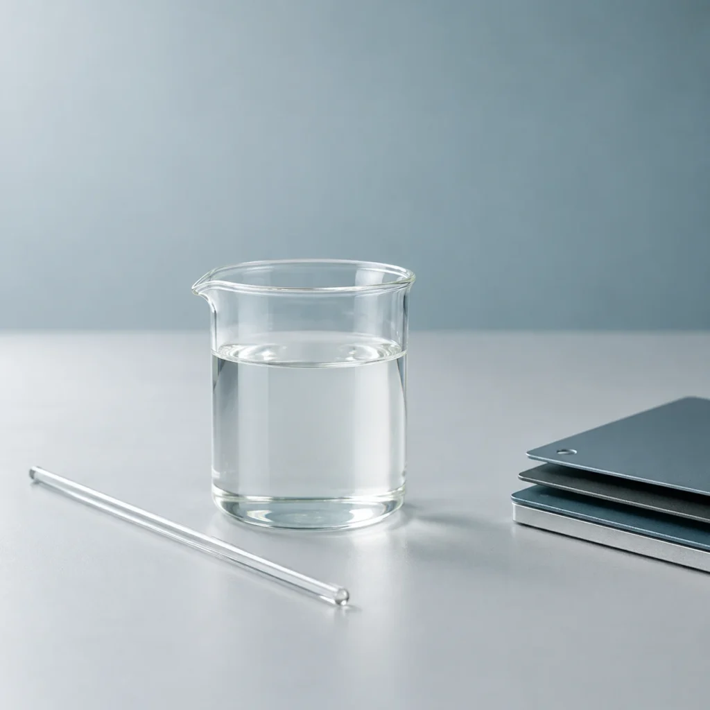 Polysilazane resin sample in a glass vial beside an aluminium bottle
